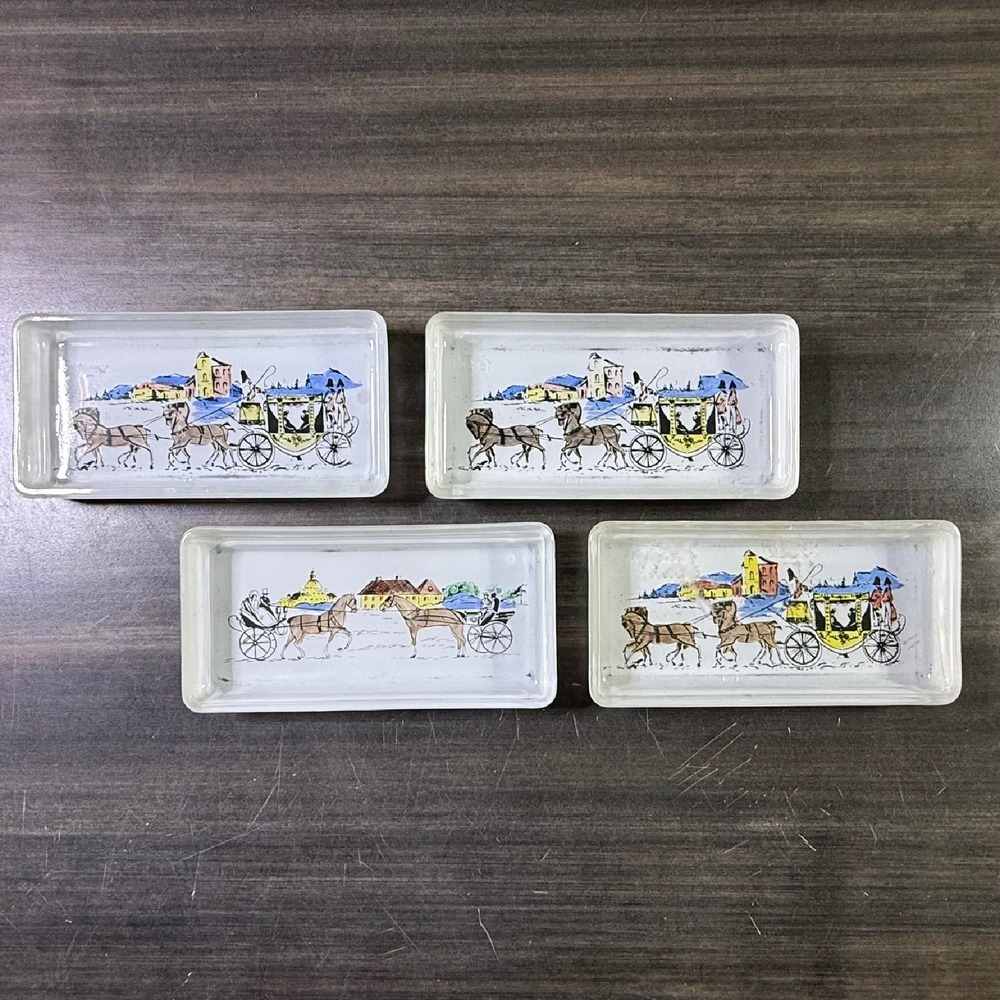 Vintage Glass Dresser Trays Set of 4 Horse Drawn Carriage Trinket Dishes